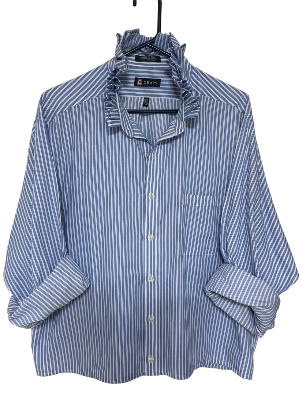 Chaps Blue Striped Ruffle Collar Up Cycled Shirt